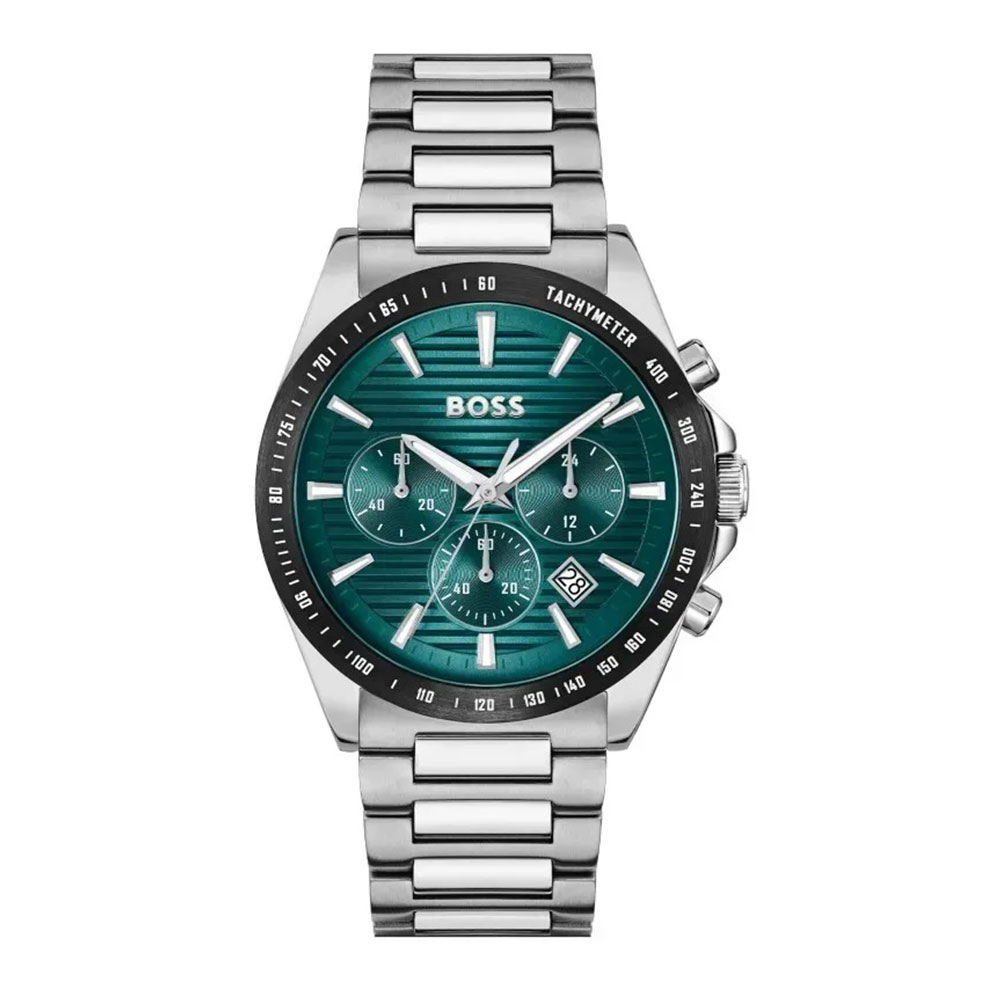 andriko-roloi-boss-1514241-strike-apo-anoxeidoto-atsali-me-prasino-kantran-kai-mprasele- Boss Ανδρικό Ρολόι Χρονογράφος Μπαταρίας με Ασημί Μεταλλικό Μπρασελέ - Image 1
