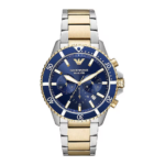 Emporio Armani Ανδρικό Ρολόι 43mm Χρονογράφος Μπαταρίας με Μεταλλικό Μπρασελέ Χρυσό/Ασημί