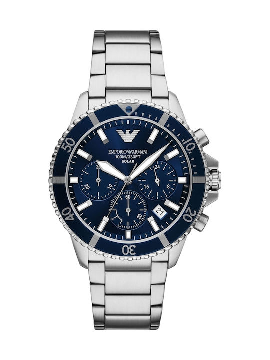 Emporio Armani Ανδρικό Ρολόι 43mm Χρονογράφος Solar με Ασημί Μεταλλικό Μπρασελέ - Image 1