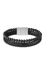 Ανδρικό Βραχιόλι Χειροπέδα δερμάτινη BOSS από ανοξείδωτο ατσάλι σε ασημί-μαύρο χρώμα  SKU 1580786 - Image 2